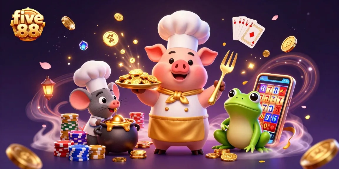Join the fun with five 88 as the chef pig serves gold coins, surrounded by poker elements and festive visuals.