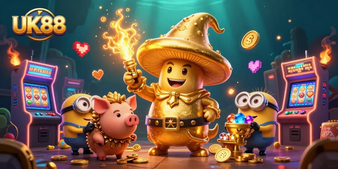 Experience the golden adventures of UK88 with enchanting characters in a lively casino scene.