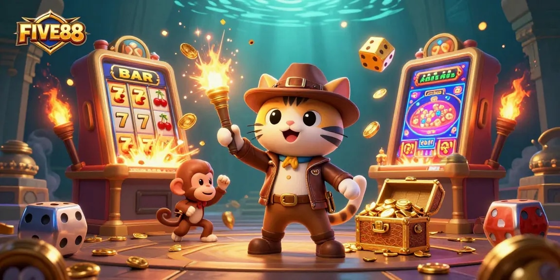 Experience the thrill of FIVE88 with a cartoon explorer unearthing casino treasures in a vibrant, dynamic scene.