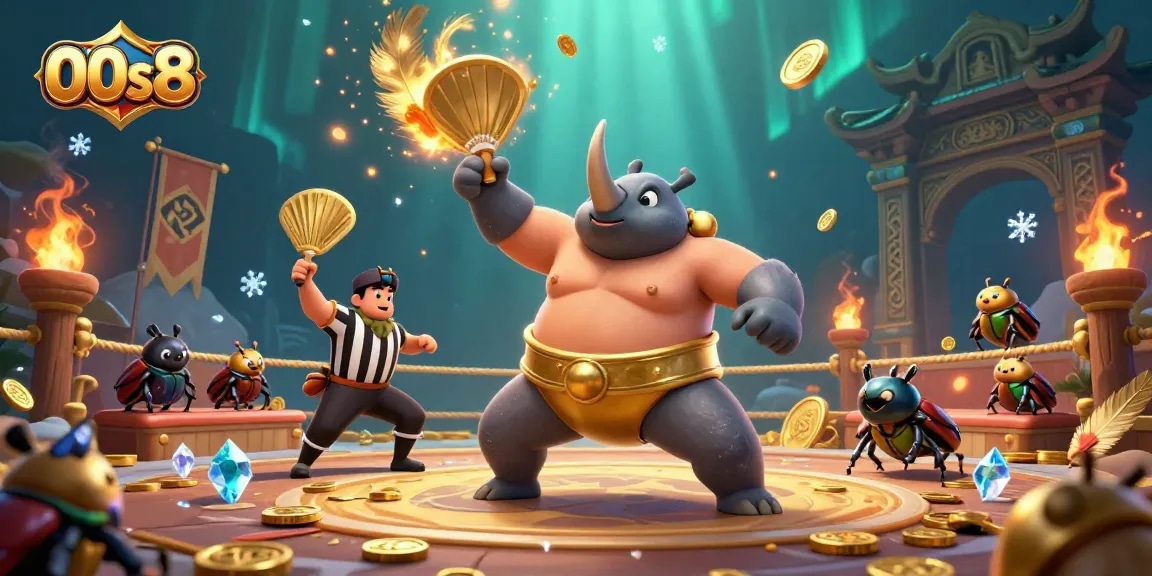 Engaging scene featuring 00s8's dynamic online gaming with a sumo beetle champion amidst swirling gold coins.