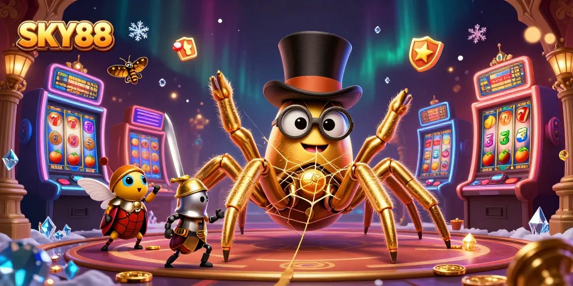 Engage in the excitement of SKY88 with golden tarantula and knight amidst slot machines.