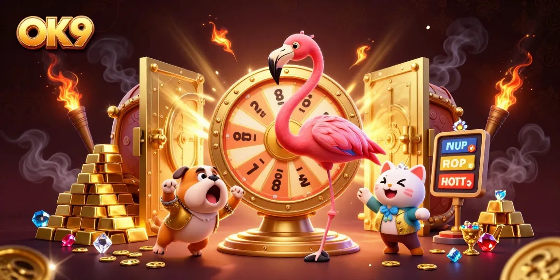 Spin the OK9 prize wheel for massive rewards in a vibrant casino scene.