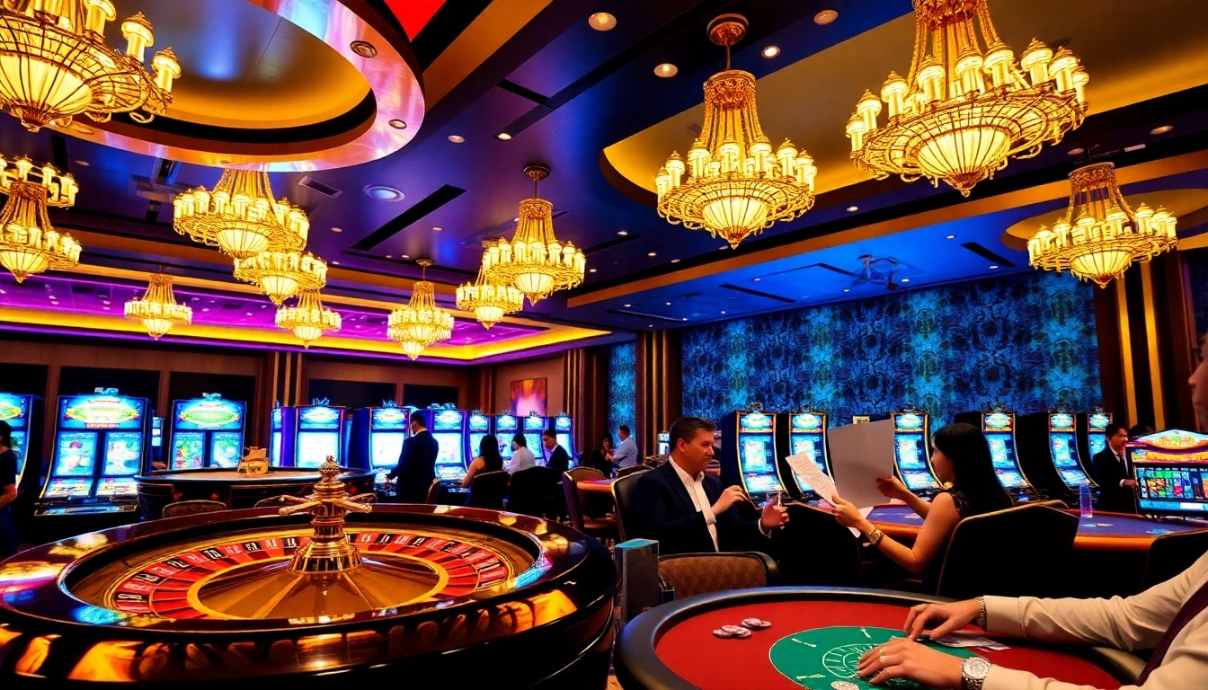 Players at a luxurious casino enjoying games with rr88 58k bonuses and vibrant slot machines.