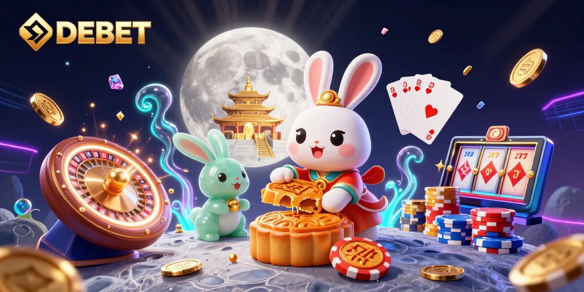 Engaging illustration of DEBET featuring a moon rabbit among casino elements like poker chips, coins, and cards.