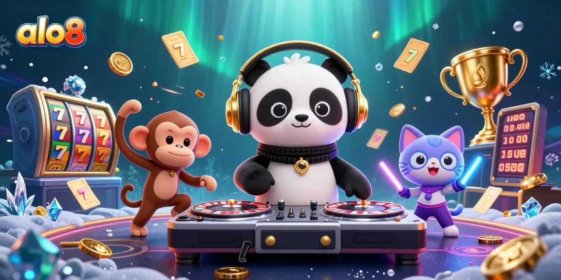 Spin and win with alo8, featuring a vibrant casino scene of a DJ panda and lively characters.
