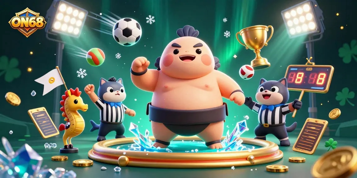 ON68 showcases dynamic sports betting action with a whimsical fugu in a sumo ring surrounded by cheering sea creatures.
