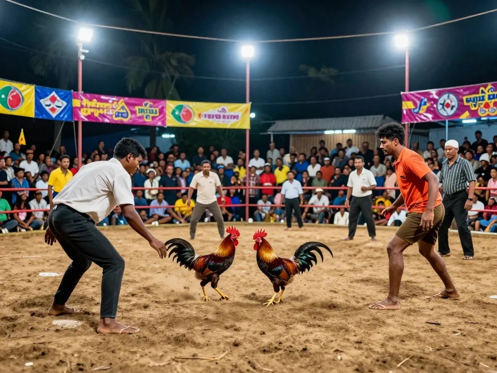 Engaging scene of đá gà trực tiếp, lively match with spectators thrilled by the intense rooster fight