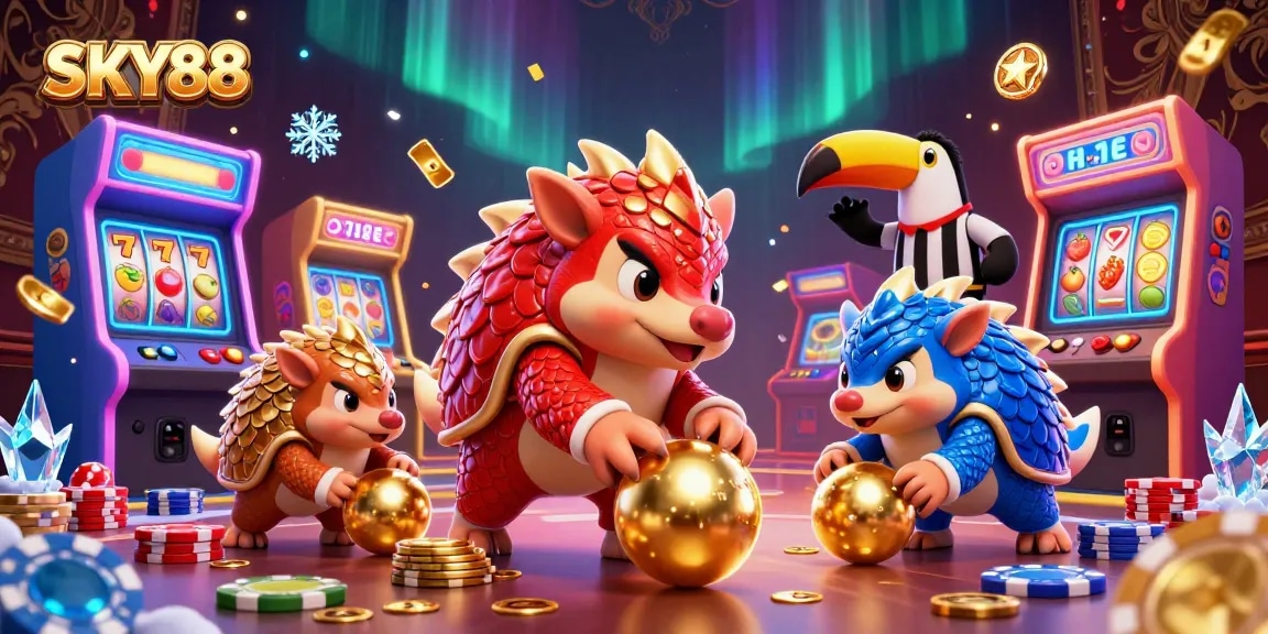 Experience thrilling wins at SKY88 as pangolins bowl through poker chips with colorful casino elements.