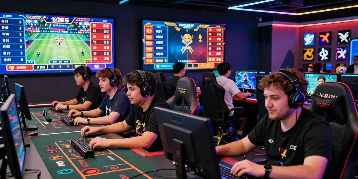 Engaged players enjoying high-stakes betting on KO66, showcasing vibrant gaming setup and digital interfaces, reflecting the excitement of online gambling.