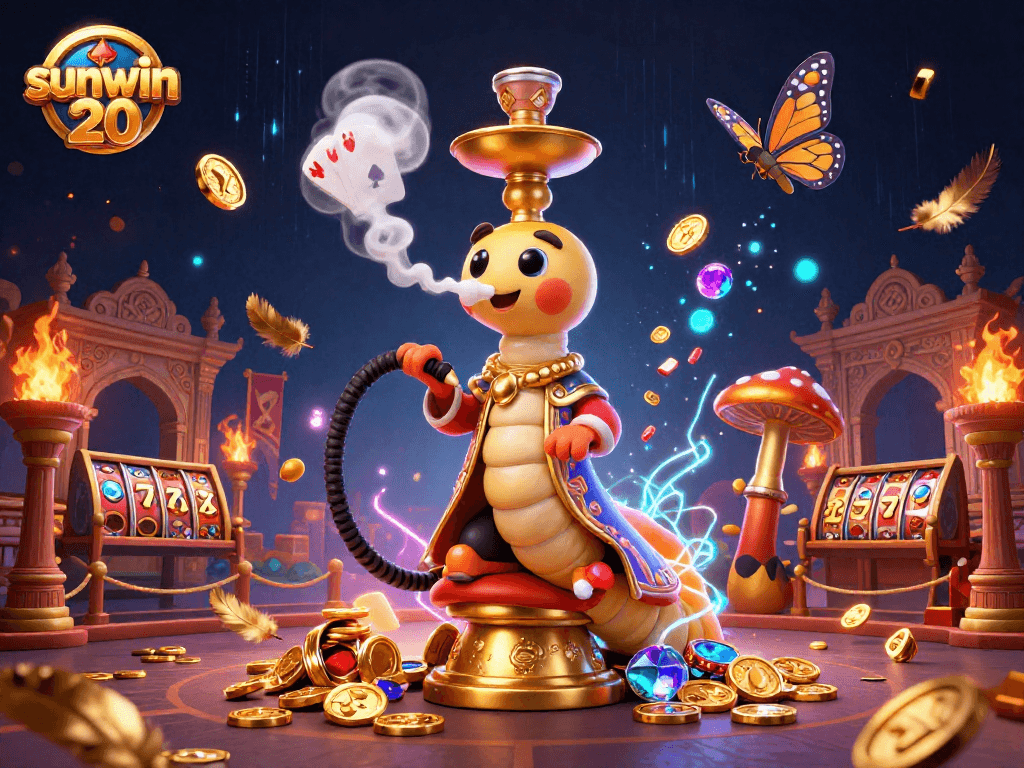 Engage with sunwin 20's vibrant scene featuring a caterpillar hookah-master among thrilling casino elements.