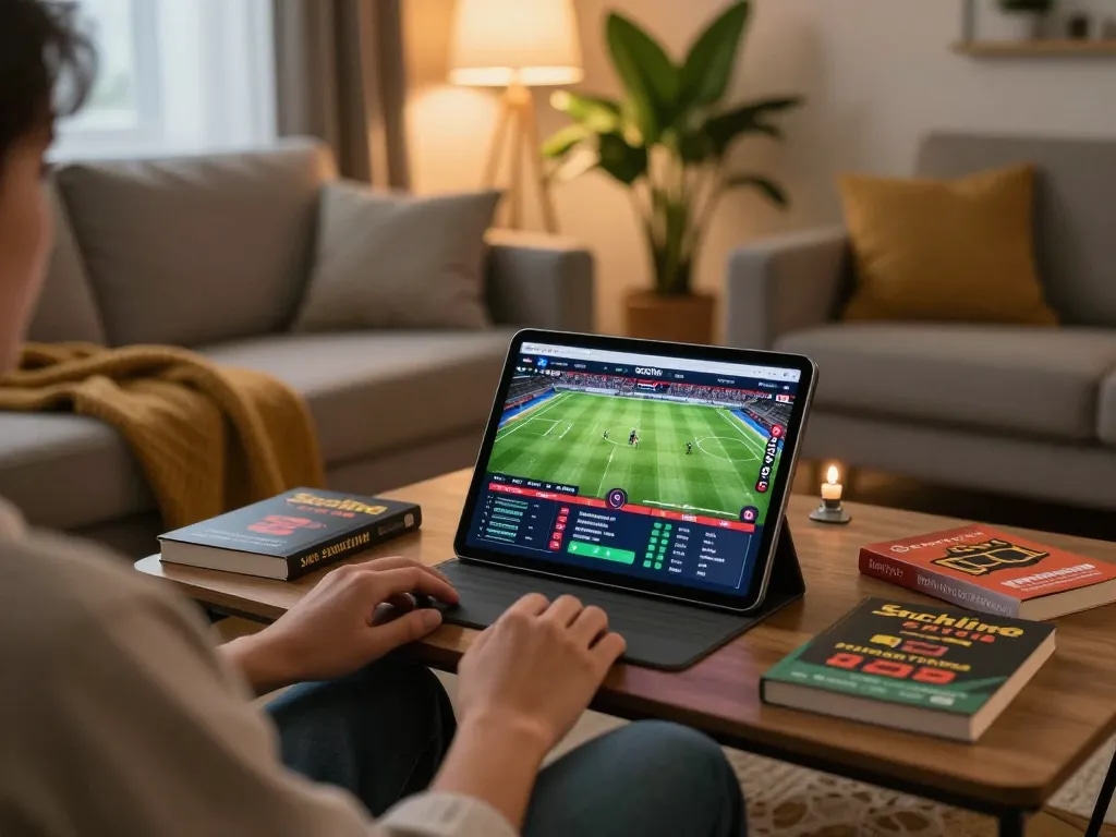 Socolive online sports betting interface displayed on a tablet in a cozy home environment.