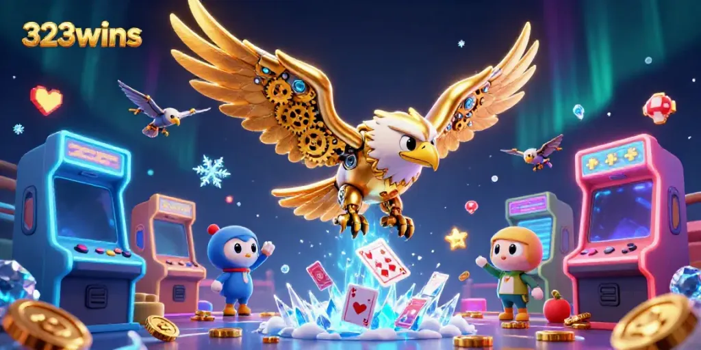 Experience the thrill of 323wins with a dynamic casino illustration featuring flying golden eagles and gaming elements.