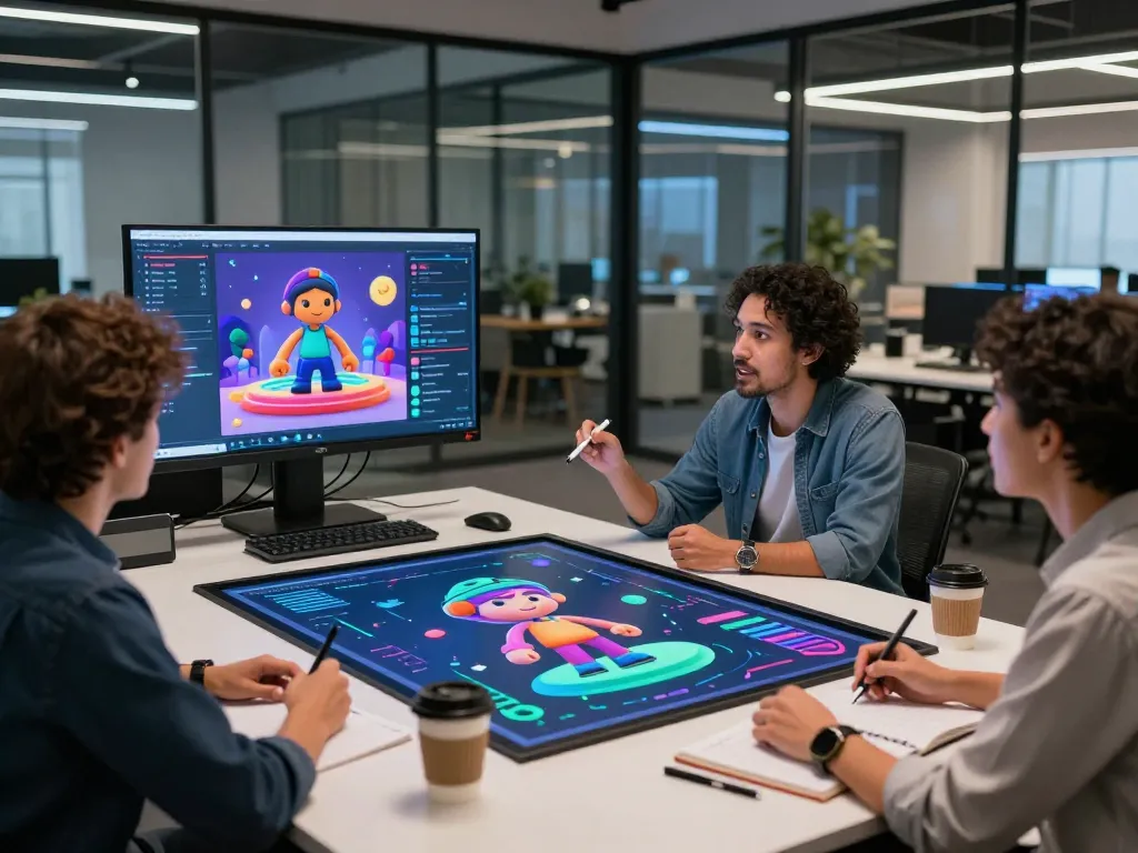 AI NSFW team brainstorming innovative character designs in a modern digital workspace.