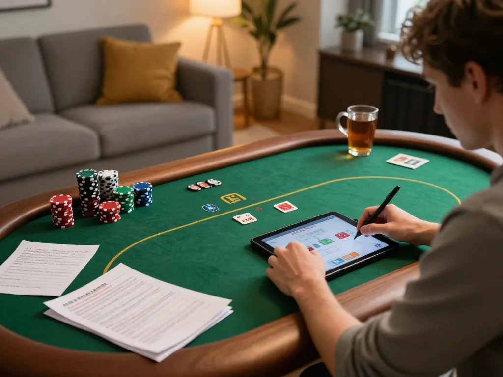 Player engaging in online poker on fabet88.co.com, surrounded by notes and strategy tips in a cozy living room.