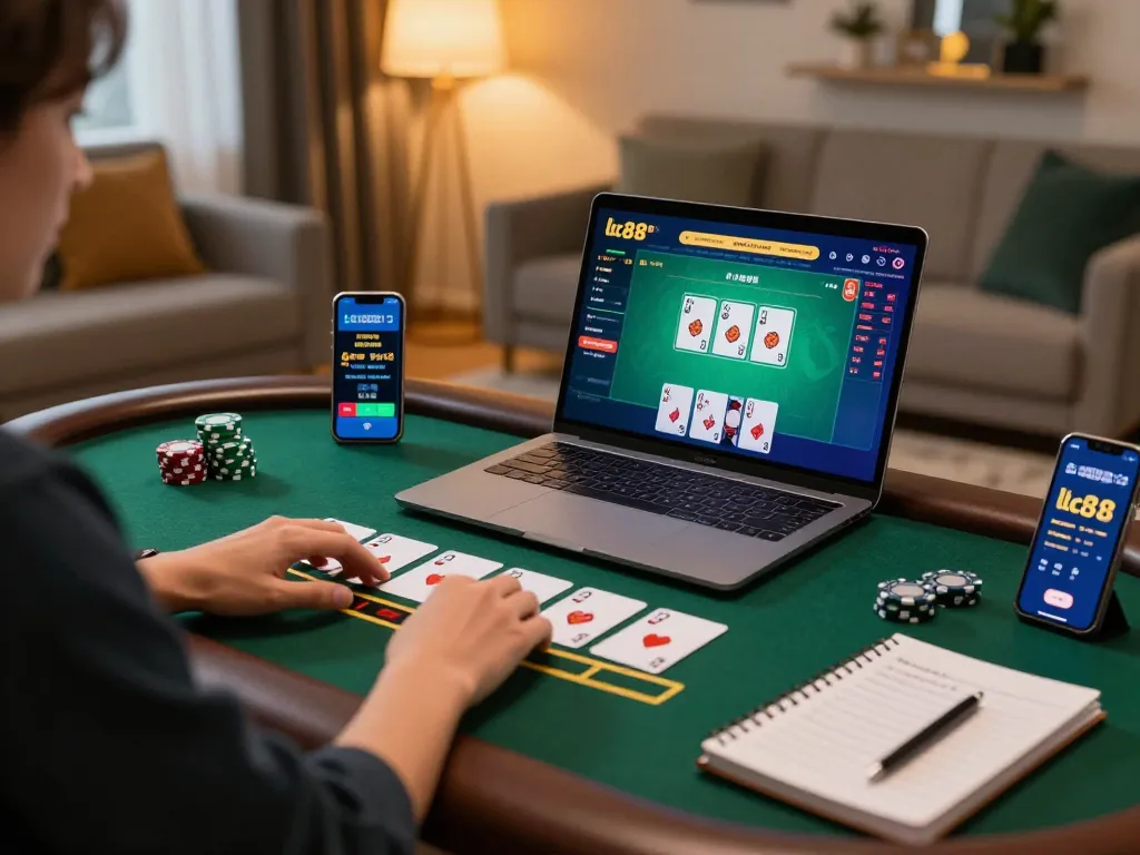 Experience dynamic online gambling with lc88, showcasing a player engaged with a live blackjack game on laptop.
