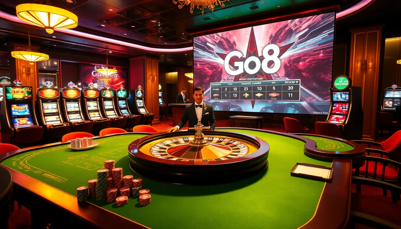 Experience high-stakes excitement at Go8's premium casino gaming, featuring vibrant tables and sleek slot machines.