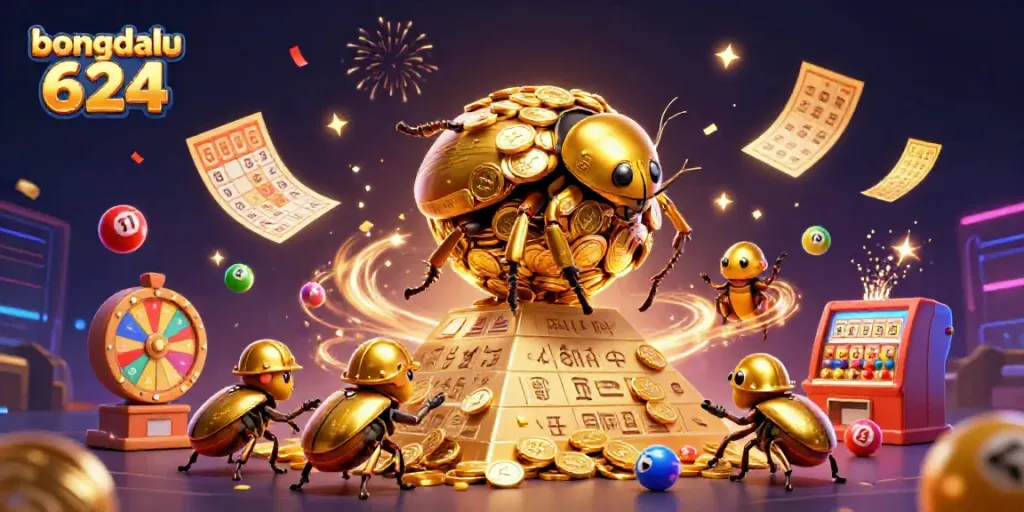 Experience excitement with bongdalu 624 as cartoon beetles play energetically amidst casino-themed elements.