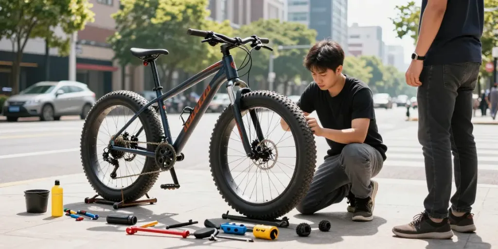 Fatbike onderdelen worden gerepareerd door een mobiele monteur in de stad.