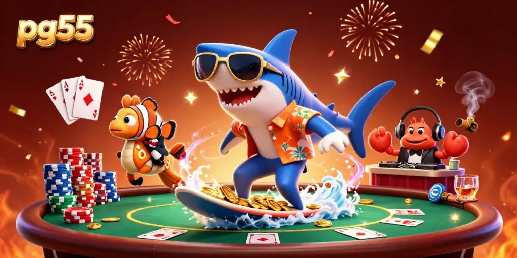 Experience the thrill of pg55 as a shark surfs gold coins, embodying casino excitement.