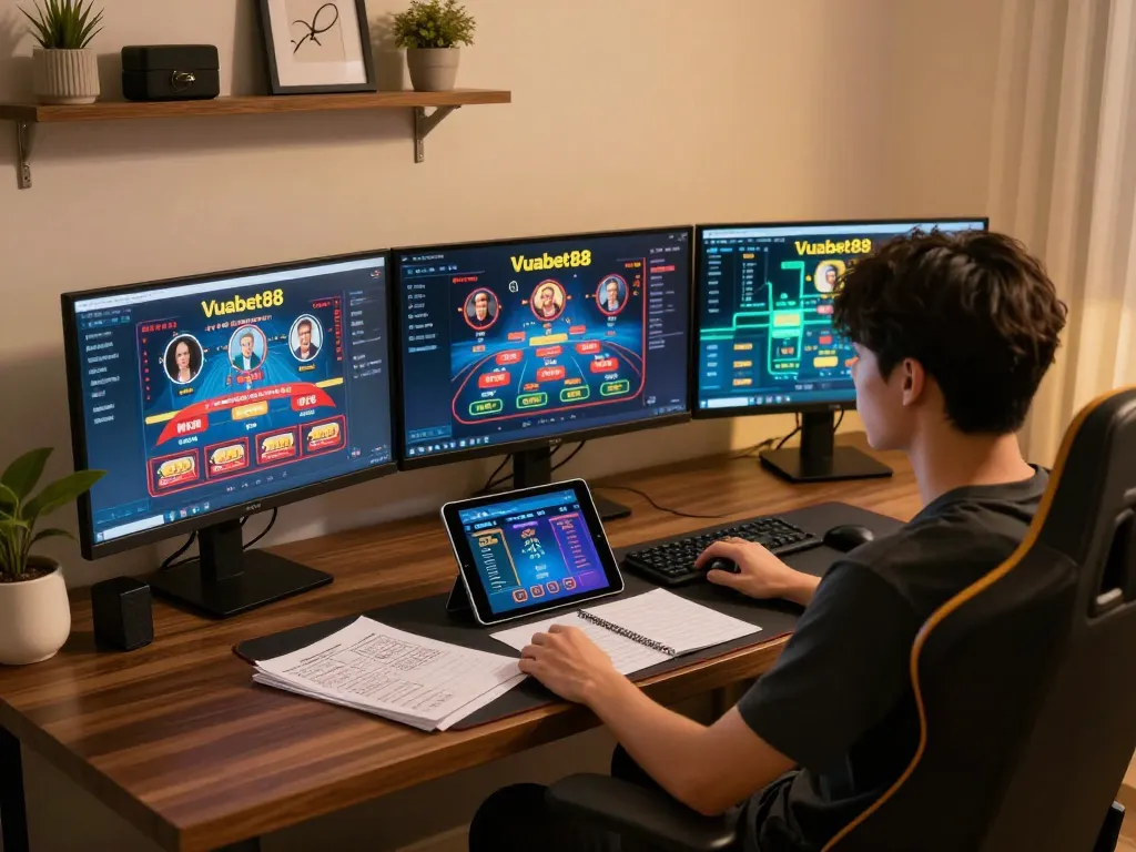 Engaging Vuabet88 đăng nhập session shown on multiple screens alongside strategic gaming notes in a cozy office.