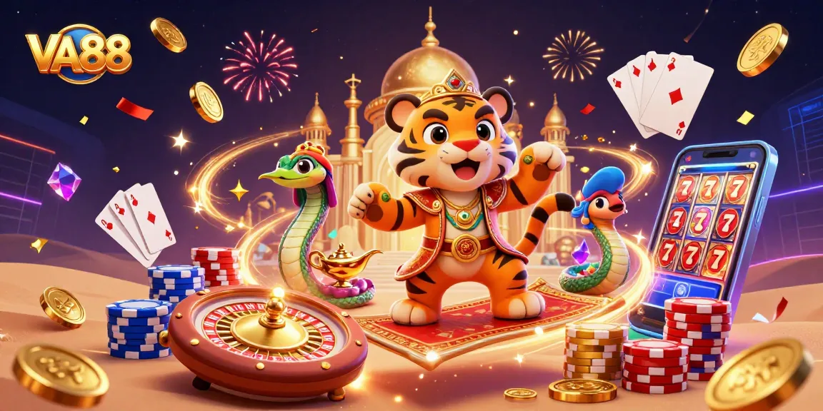 VA88 offers exciting online gaming with a magical Arabian-themed illustration of a sultan and treasures.