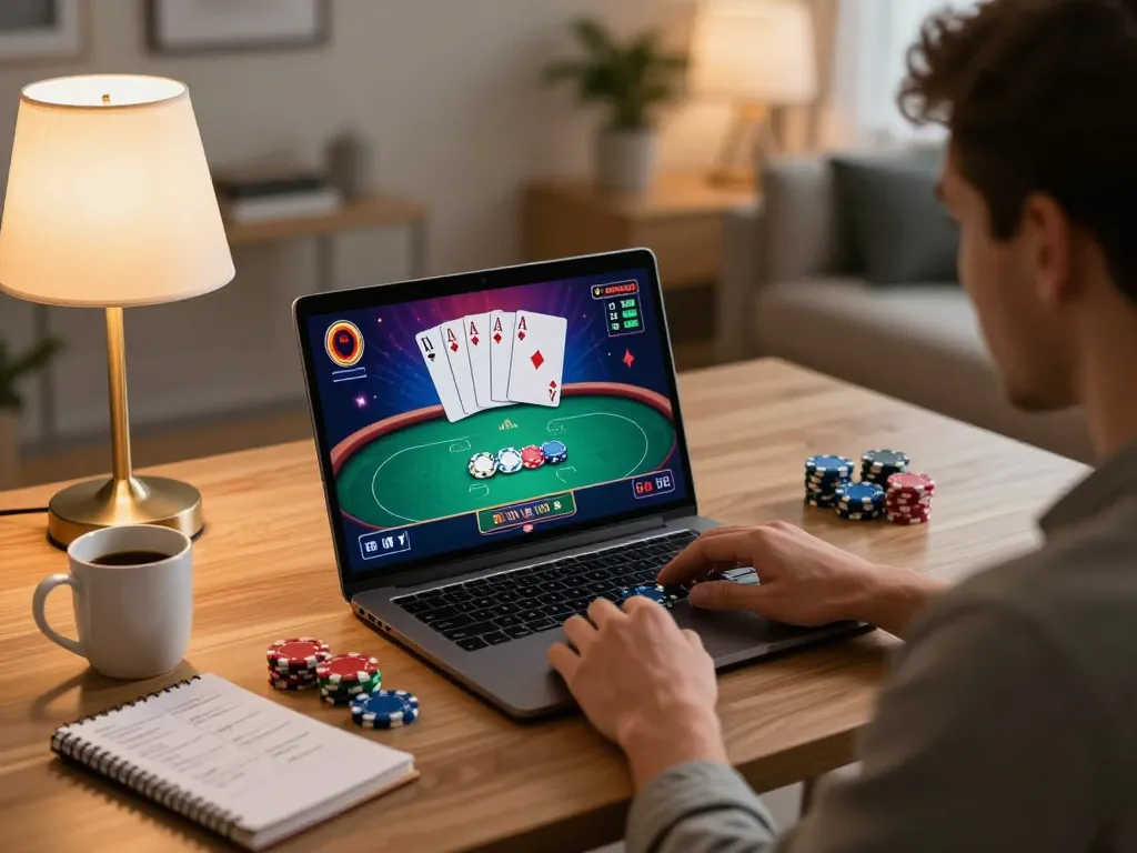 Player enjoying intense online poker gameplay on ku88, showcasing chips and cards.