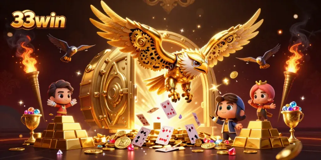 Experience thrilling gameplay with 33win's golden eagle soaring through vibrant casino elements.