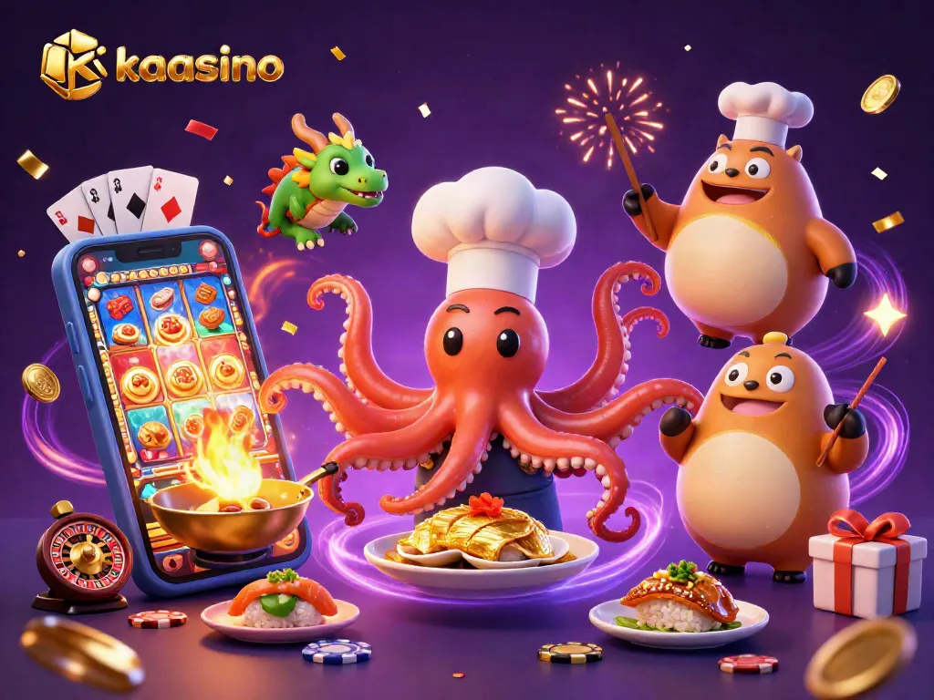 Experience exciting wins at kaasino with a dynamic casino-themed illustration showcasing slots, dragons, and celebration.