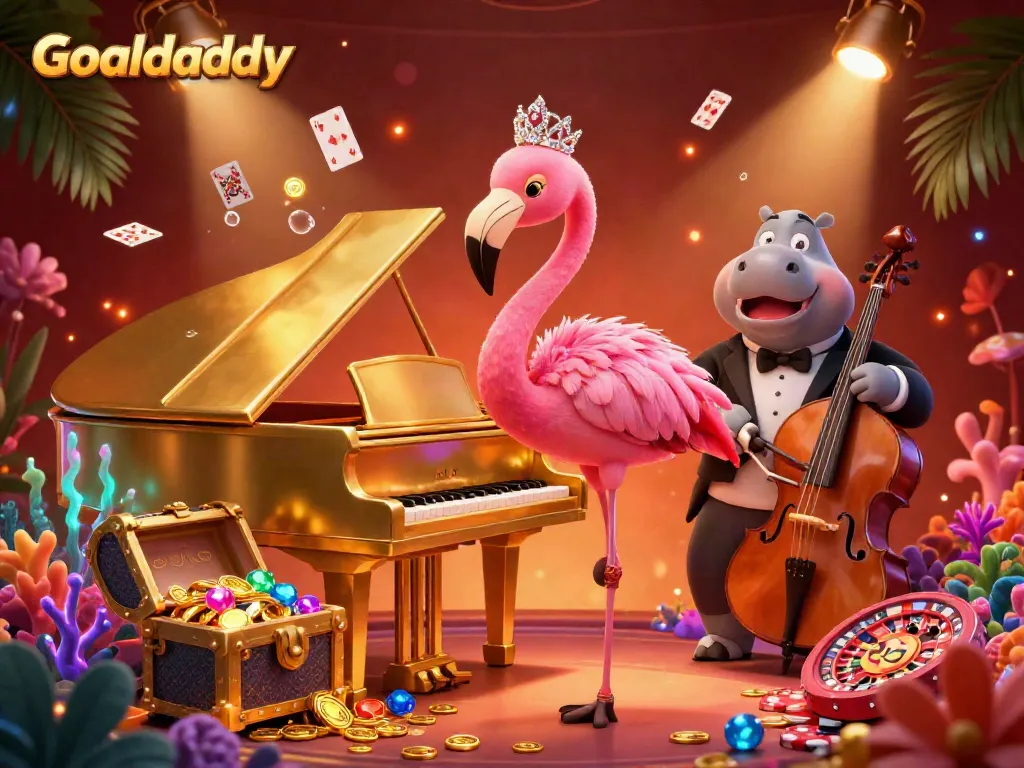 Experience Goaldaddy's lively casino scene with a singing flamingo and hippo bassist surrounded by vibrant game elements.