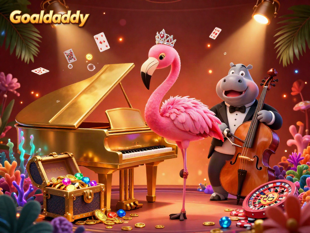 Experience Goaldaddy's lively casino scene with a singing flamingo and hippo bassist surrounded by vibrant game elements.