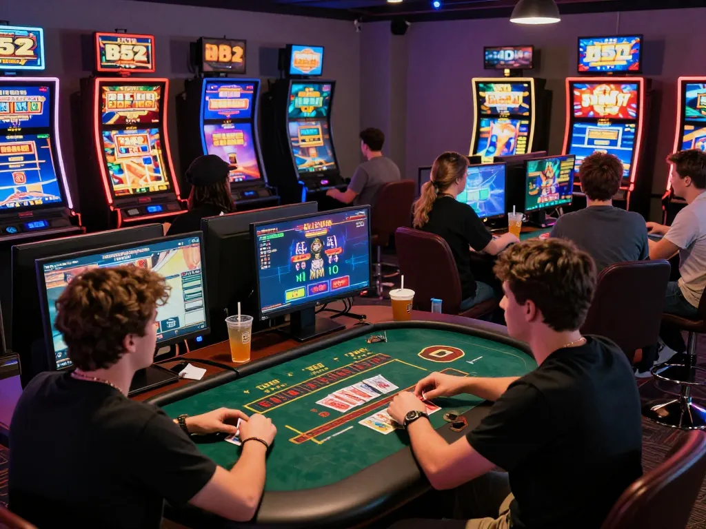 B52 Club players enjoying thrilling online games in an inviting gaming environment filled with live tables and vibrant screens.