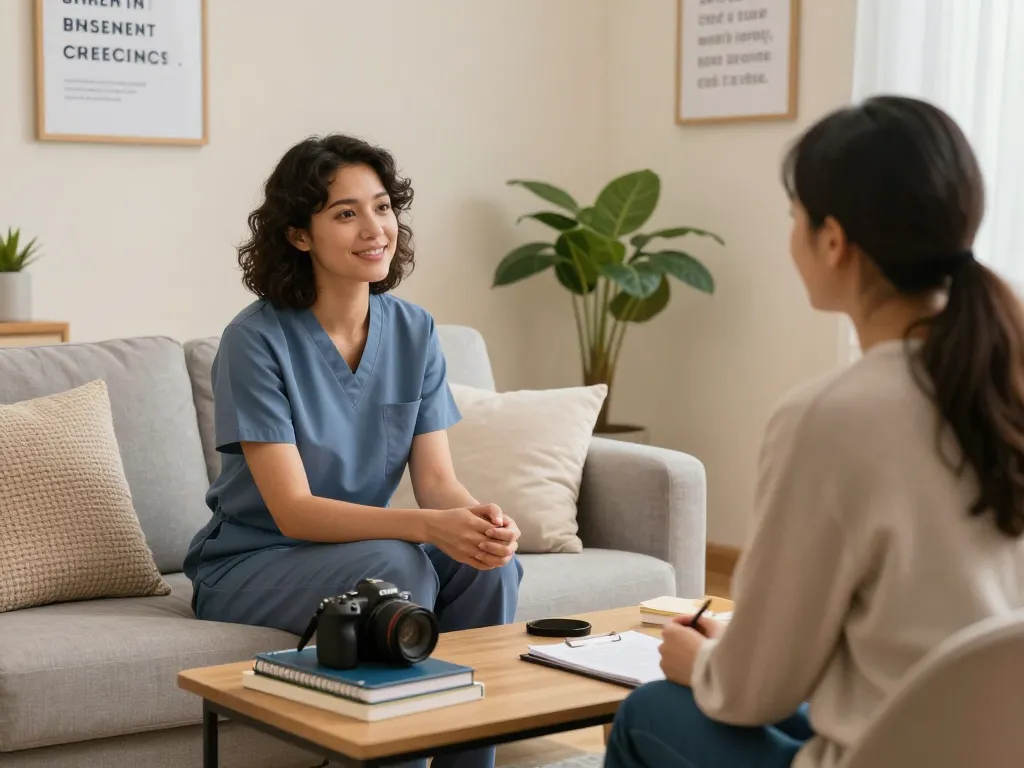 Emendare GGZ-therapiesessie met een professional en een cliënt in een gezellige omgeving.
