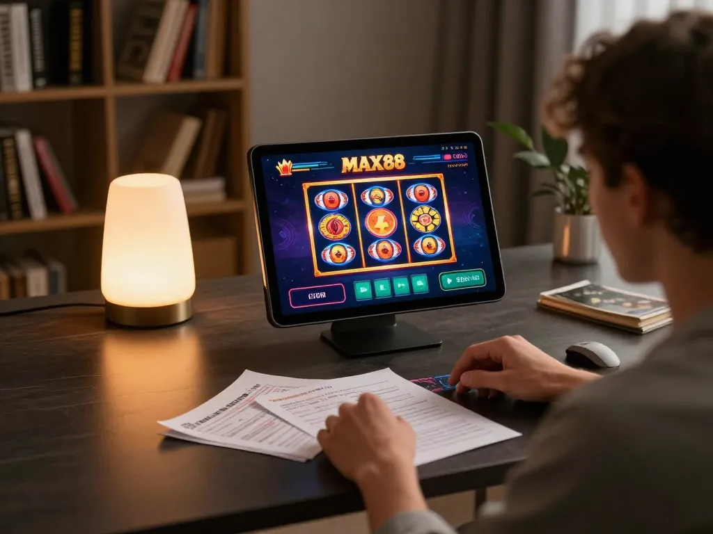 Engage with the MAX88 casino app during a strategic online gaming session on a sleek tablet.