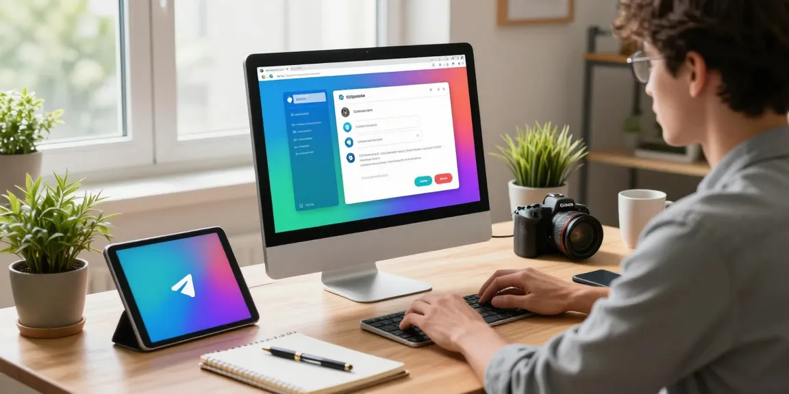 Download Telegram app interface on a modern home office workspace with vibrant chat bubbles and tech gadgets.