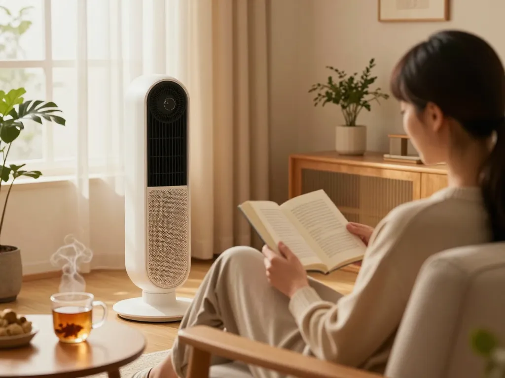 Stijlvolle woonkamer met een stille stilste ventilator die een rustige sfeer biedt voor lezen en ontspanning.