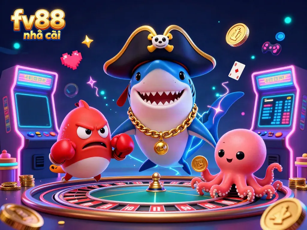 Join the thrilling excitement of fv88 nhà cái live casino with colorful 3D gaming characters and elements.