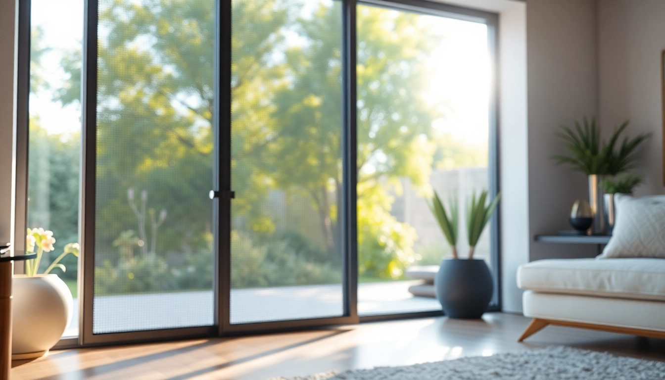 Hor voor schuifpui biedt een voorbeeld van een stijlvolle plissé hordeur in een moderne woonkamer.