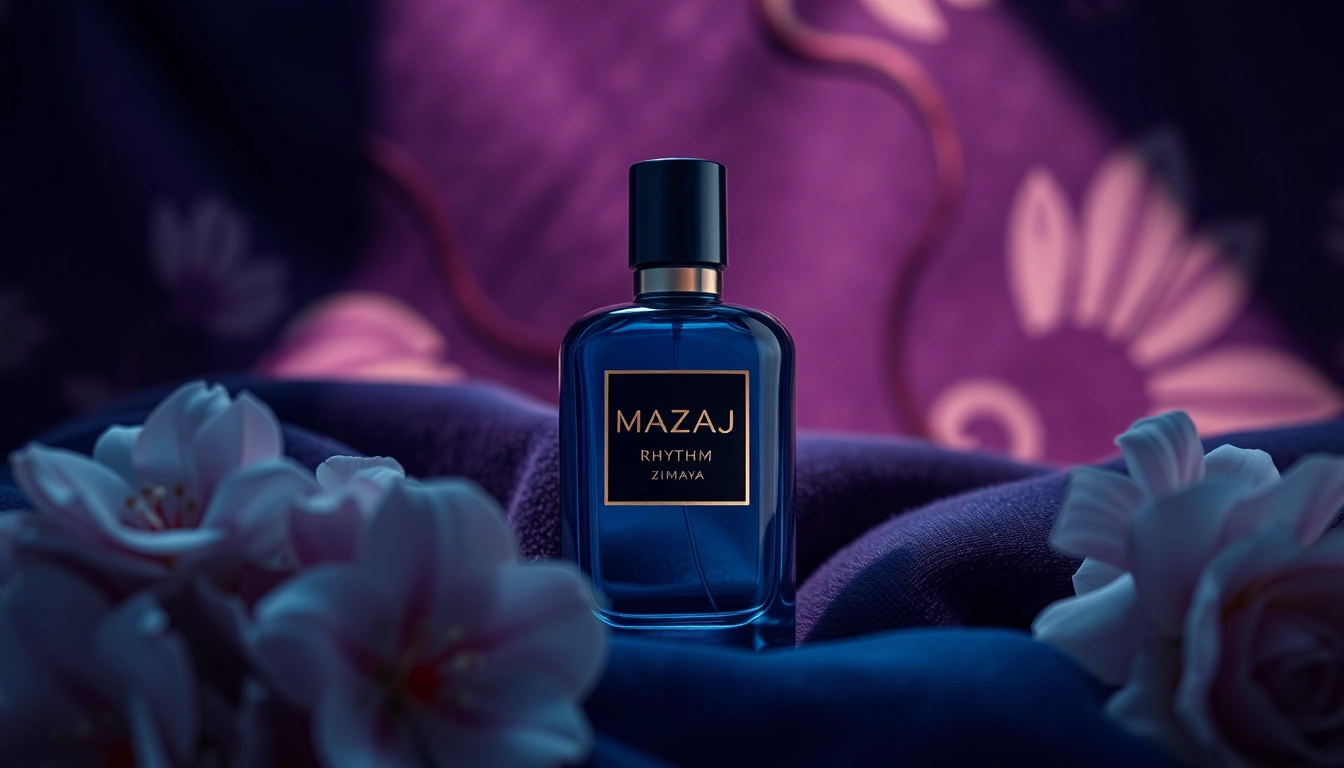 Mazaaj Rhythm by Zimaya presenteren met een elegante parfumfles op een fluwelen achtergrond.