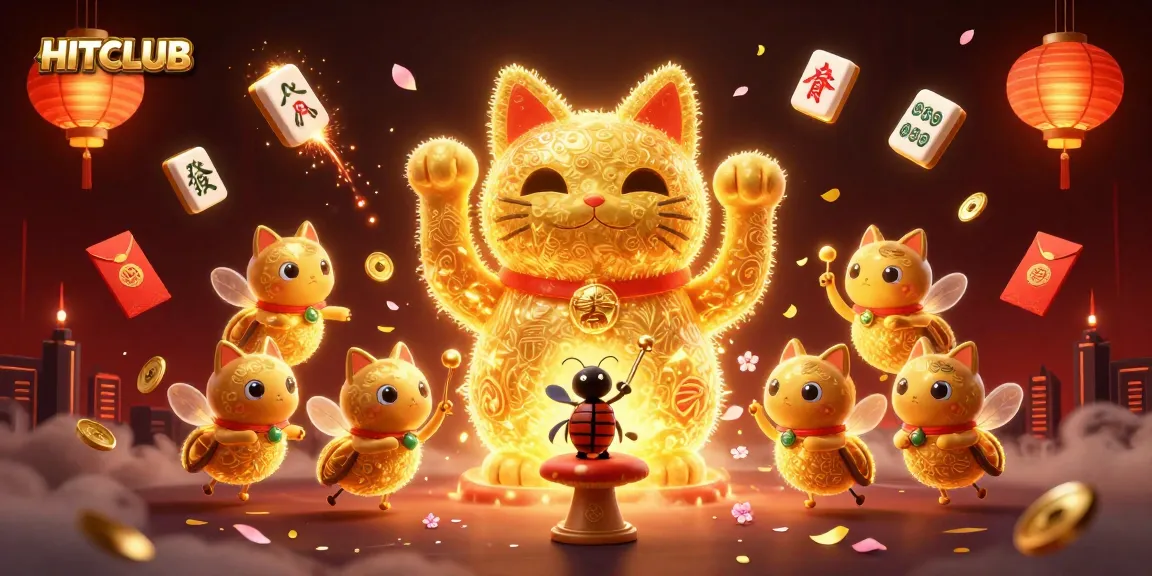 Join the excitement at HITCLUB with a dynamic scene of a lucky cat and casino symbols.