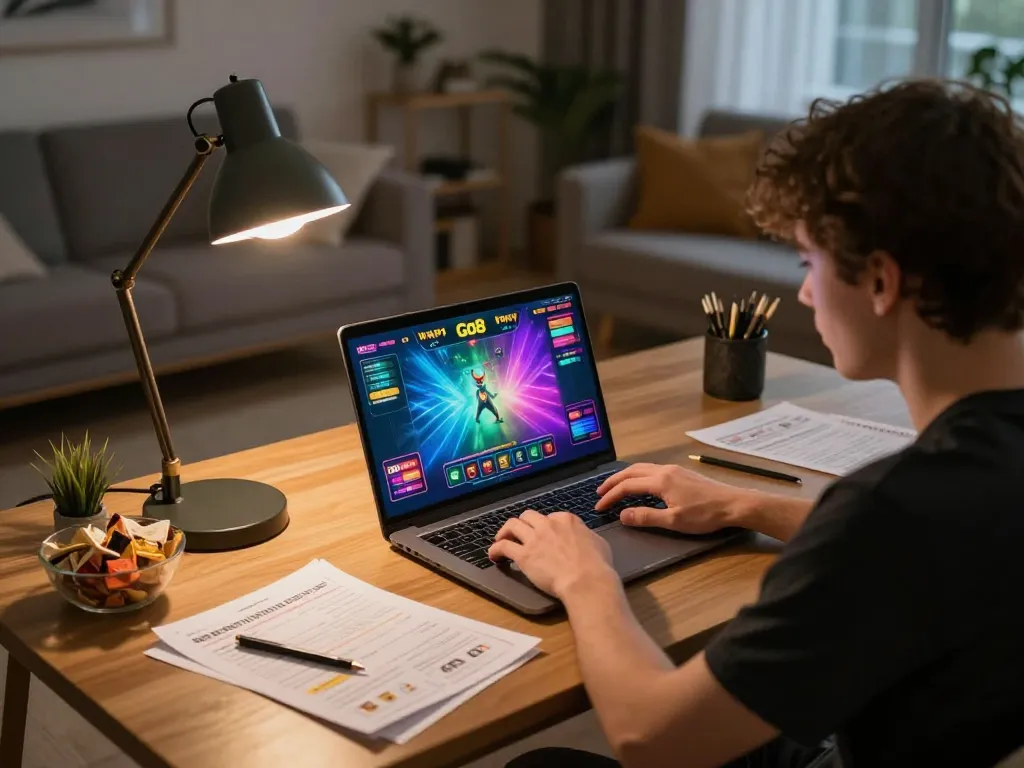 Engaging user on the Go8 platform enjoying online gaming with a warm home atmosphere