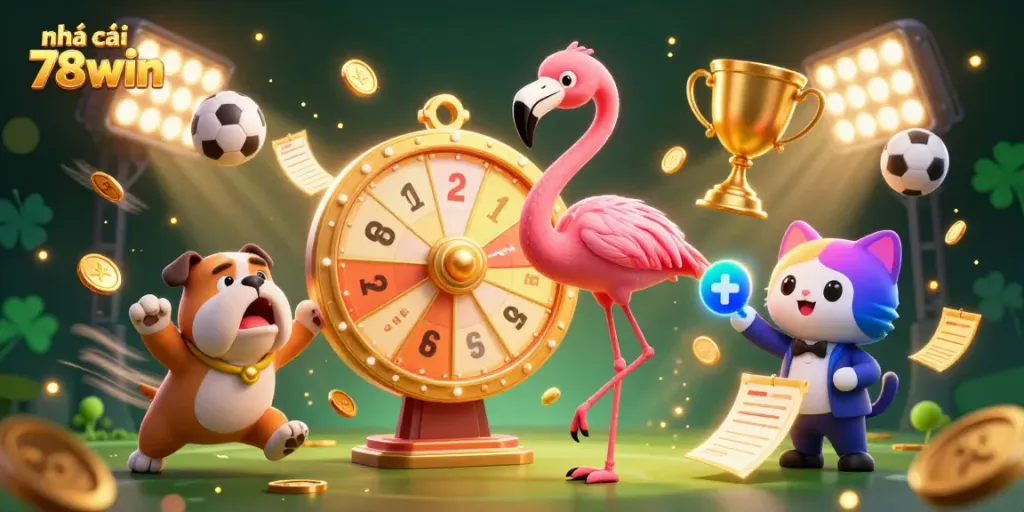 Experience rewards at nhà cái 78win with thrilling gaming moments as cheerful characters manipulate the prize wheel.