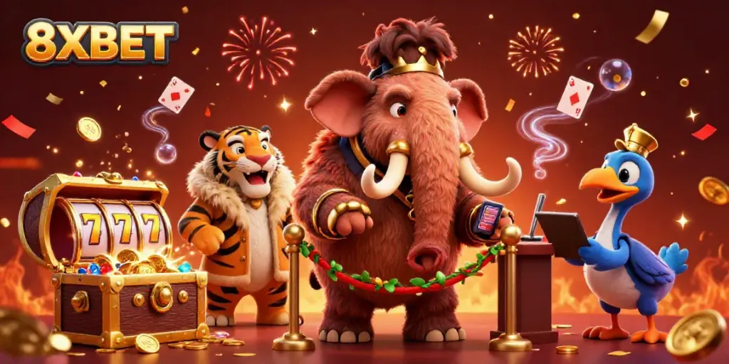 Experience vibrant gameplay with 8XBET featuring a 3D mammoth bouncer, a saber-tooth guest, and slot elements.