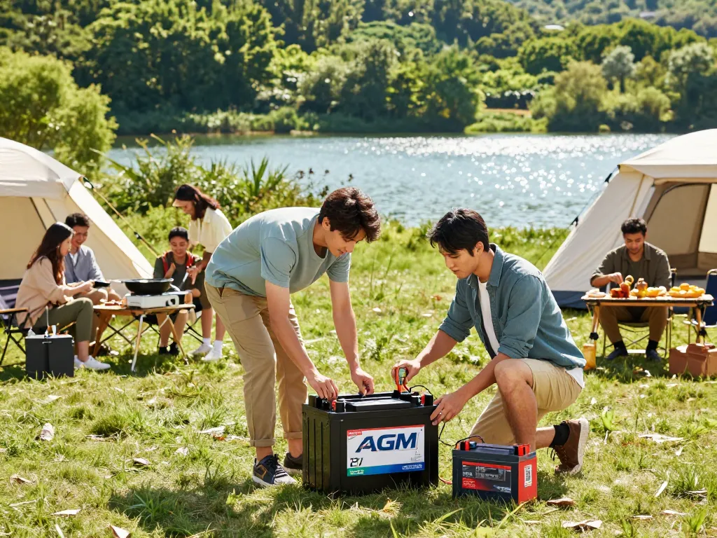 Een 12V AGM accu opzetten tussen kampeerders die genieten van een avontuurlijke dag aan het meer.