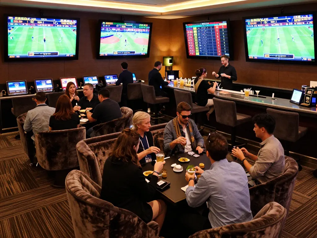 Fans placing bets and strategizing in the vibrant aa888 sports betting lounge, conveying excitement and community.