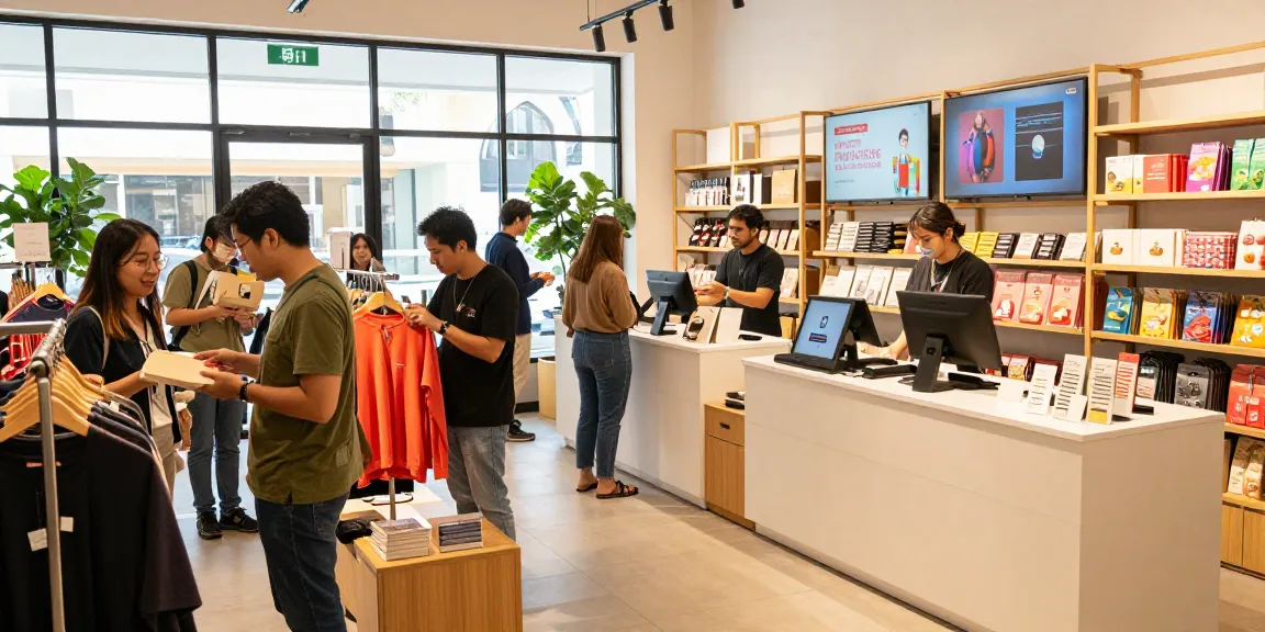 Shoppers exploring rokok88 merchandise in a vibrant e-commerce retail space.