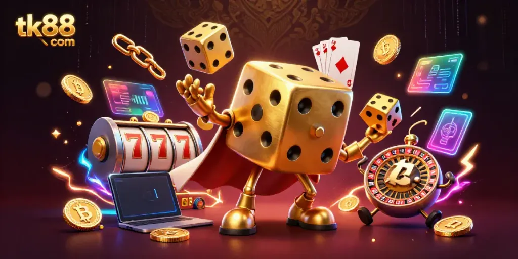 Experience the excitement of tk 88 com with a vivid 3D illustration of a casino-themed scene.