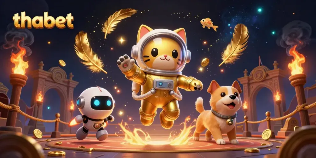 Experience thrilling gaming action with thabet, featuring a cartoon space astronaut cat and engaging casino motifs.