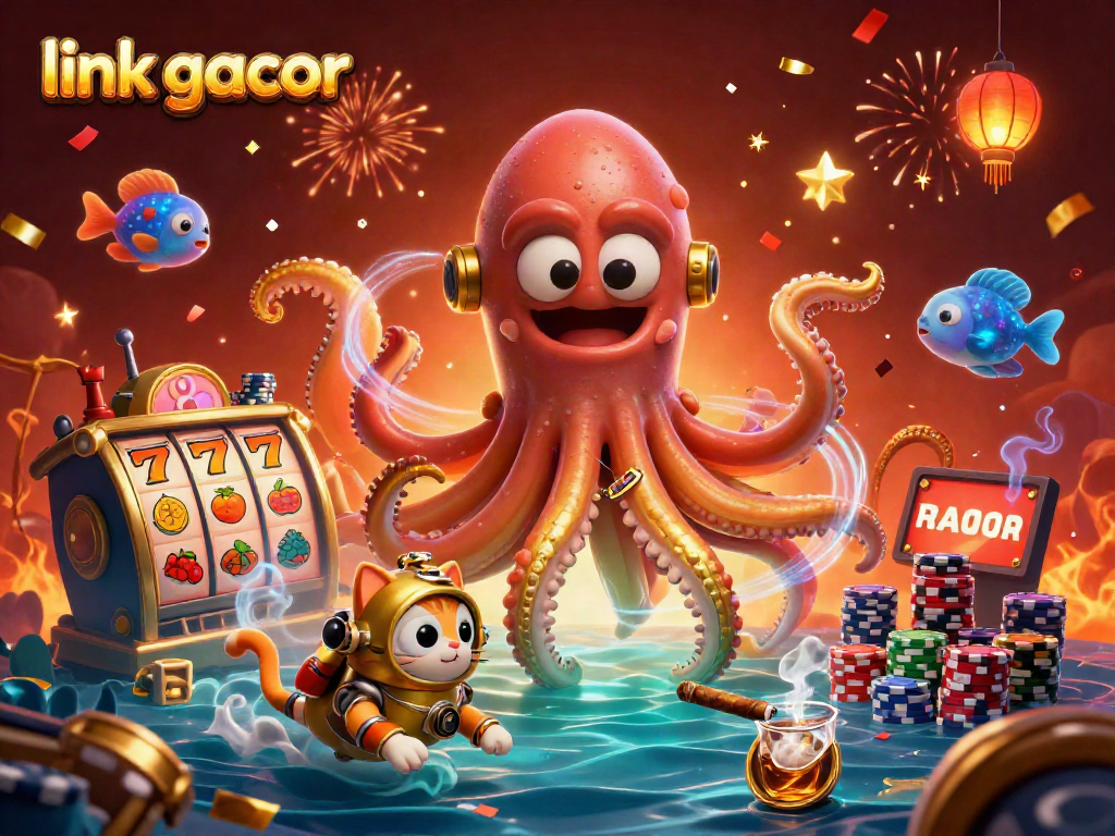 Engage with link gacor as a giant kraken and a diving cat unveil jackpot treasures, packed with vibrant casino motifs.