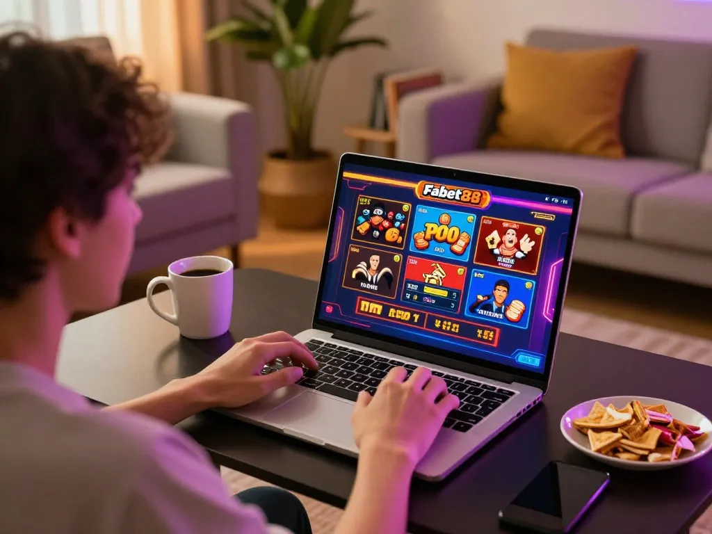 Engaged player enjoying Fabet88 online casino games on a modern laptop.