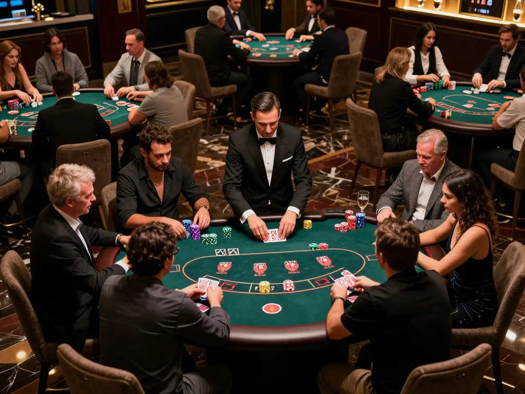 8kbet players engaged in captivating poker game at a luxurious casino table during an exciting evening.